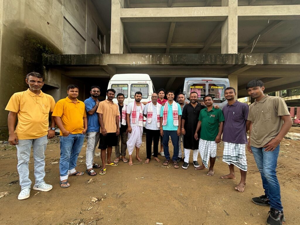Travel group at a covered pickup point